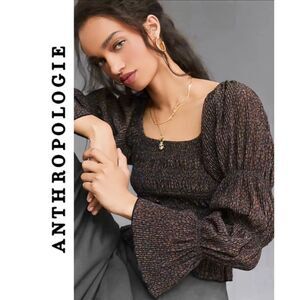 Like New Anthropologie Metallic Square Neck Smocked Top